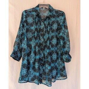 Fever Blouse Women's Small Sheer Collared Button Up Lightweight  Teal Black